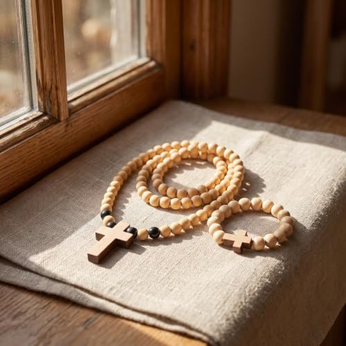 Garneck 2pcs Wooden Religious Prayer Bead Necklace for Women, Beige Beads