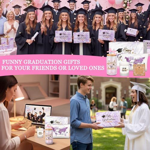 Potchen 7 Pcs Graduation Gifts for Girl Her Class of 2026 College High Graduation Gifts Box Set with 16oz Glass Cup Cosmetic Bag Bracelet Scented Candle with Box for Women Daughter Friend(Pink Purple) Pink Purple