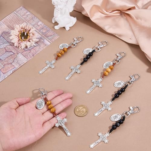 DICOSMETIC 6Pcs 2 Colors Catholic Rosary Keychain with St Benedict Michael Crucifix 12.8cm Small Pocket Rosaries Key Chain Crucifix Rosary Keychain Catholic Gift for Men Women