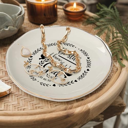 Christian Jewelry Dish Ring Holder Ceramic Trinket Tray, Bible Verse Jewelry Tray for Rings Earrings Necklace, Christian Gifts for Women Friends Mom Faith Inspirational Decor Be still and know that I am God