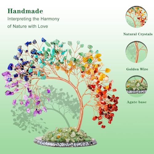 Runyangshi Natural Crystal Seven Chakras Agate Slice Tree of Life Natural Crystal Healing Stones Gemstone Trees Fengshui Good Luck Positive Energy Home Decor