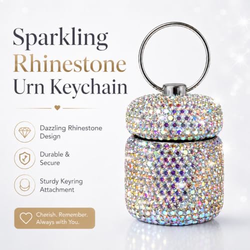 Sparkling Rhinestone Keychain Urn for Ashes, 1.8 Inch Stainless Steel Mini Cremation Urn Keychain for Human or Pet Ashes, Keepsake Memorial Holder, Silver Sliver