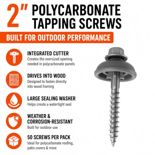Generic polycarbonate tapping wood screws, 2-inch outdoor screws with expansion cutters and sealing dome washers, 50 pack