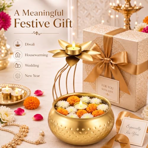 LemonRoad Diwali Urli Bowl with Lotus Tealight Candle Holder 10 Inch