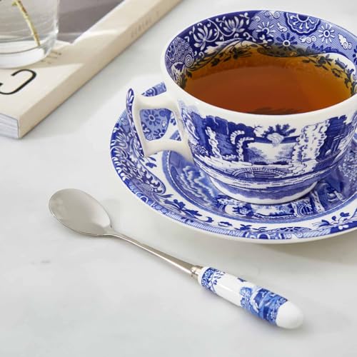 Spode Blue Italian Collection Teaspoons | Set of 6 | Made of Stainless Steel with Porcelain Handles | 6 Inch Dessert Spoons | Blue/White | Hand Wash Only 15cm