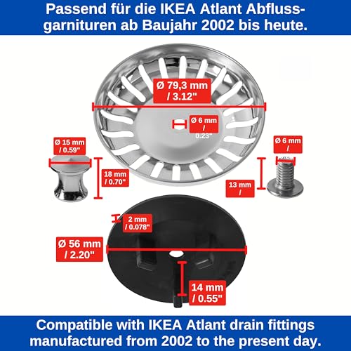 Sink Strainer Basket, 1 Pack, Diameter 79.3 mm, Compatible with IKEA Atlant and Domsjö Siphon, Strainer Basket with Three-Leg Rubber Seal, Replacement Part for Atlant Sink and Domsjö Sink, Kitchen Plug Strainer Basket, Ø 79.3 mm, 1 x