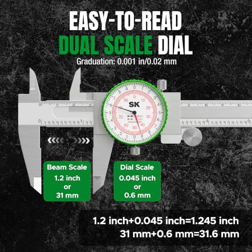 SK 6-inch/150mm dial caliper measuring tool with precision dial and ±0.001-inch accuracy