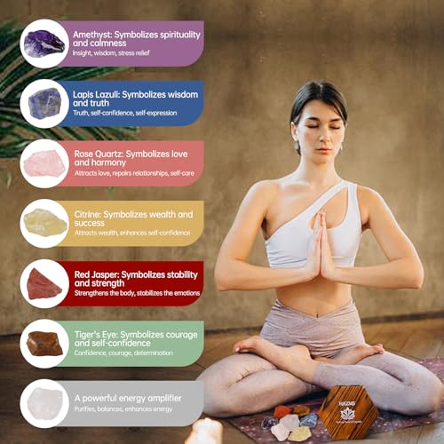 7pcs Crystals and Healing Stones with Wooden Gift Box, Raw Healing Crystals and Chakra Stones Set, Rose Quartz, Amethyst, Clear Quartz for Meditation Yoga Healing Protection-Gift for Women Healing-7pcs