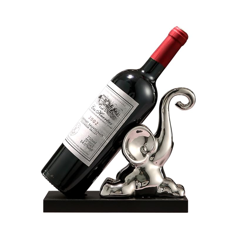 ELEGANTZ Modern Wine Bottle Holder – Decorative Elephant Design with Chrome Finish – Single Bottle Display Stand for Countertop, Bar, or Dining Table – Elegant Wine Rack with Black Base Silver