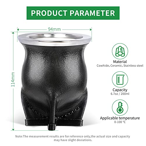 Cuopru Ceramic Liner Yerba Mate Cup Argentina Gourd with Mate Bombilla Straw, Cleaning Brush (Black) Black