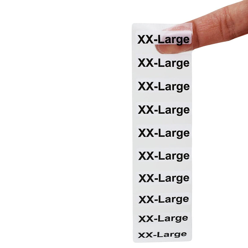 XX-Large Clothing Labels – Clear Size Strip Stickers with Black Text, 1.25 x 5 Inch Adhesive Labels, 125 Total Stickers for Retail Apparel, Clothing Organization, and Inventory – Made in the USA Xx-large