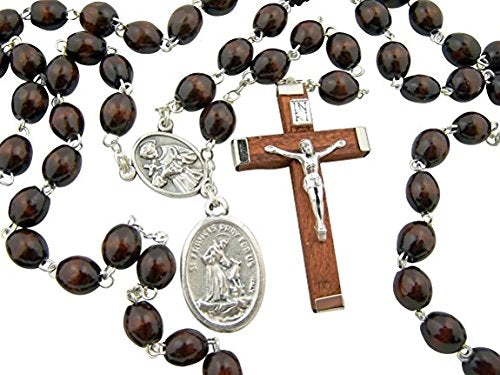 Catholic Mens Gift Dark Brown Wood Bead Silver Tone Saint Francis of Assisi Medal Rosary Necklace