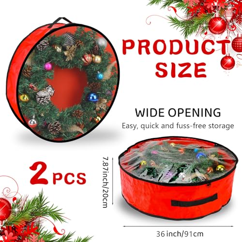 Pwsap 2 Pack Christmas Wreath Storage Container - 36 Inch, Garland Storage, Christmas Large Wreath Storage Container Cover, Durable Tarp Material, Dual Zipper Storage Bag for Xmas Holiday, Red 36inch