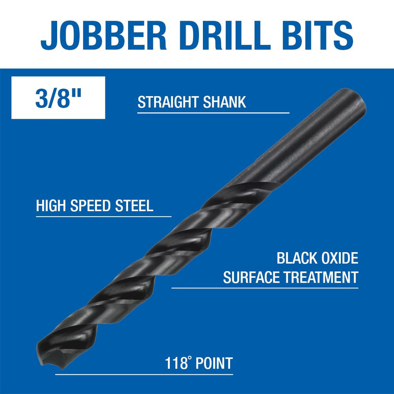 Champion Cutting Tool General Purpose Drill Bits for Metal and Wood (3/8 Inch) - 6 PCS - 118 Degree Point, High Speed Steel Straight Shank Drill Bits with Black Oxide Finish 3/8 in