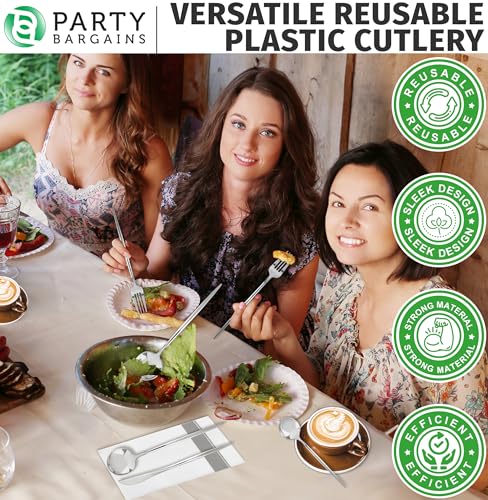 PARTY BARGAINS Plastic Cutlery Set, 80 Pc Silver Disposable Heavy-Duty Flatware – Includes 32 Forks, 16 Knives & 32 Spoons for Parties, Weddings, BBQs, Events – Elegant & Durable Plastic Utensils
