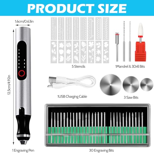 Cordless Engraving Pen, 3-Speed Electric Engraving Tool Kit, Engrave 50+ Surfaces, with 30 Small Drill bits, 5 Grinding Accessories and 16 Engraving Templates, USB Charging for Soft Wood Resin Stone J