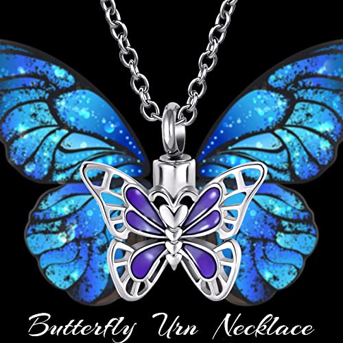 YSAHan Purple Butterfly Cremation Urn Necklace for Ashes Keepsake Memorial Jewelry Engraved Now She Flies with Butterflies