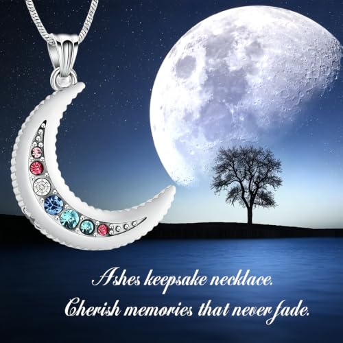 Yinplsmemory Cremation Jewelry Crescent Moon Urn Ashes Necklace for Women Men Memorial Human Pet Ashes Holder Pendant Necklace Rainbow