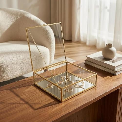 ZMG Vintage Glass Keepsake Box Gold Jewelry Display Case With Chain Lid Square Mirror