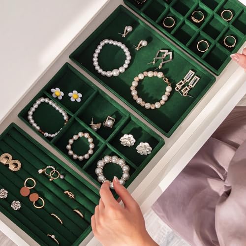 Highergo 8 Pcs Dark Green Velvet Jewelry Trays, 8.3x4.7x1'',Mixed Style Mixed Style
