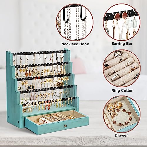 Pinzoveco Earring Organizer, 5 Layer Earring Holder Organizer with Necklace Holder Pole, Rustic Wood Jewelry Organizer Stand Display for Stud Earring Bracelet Necklace Ring, 175 Earring Holes Teal
