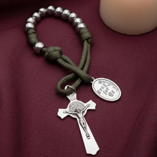 Nazareth Store Strong Military One Decade Paracord Rosary Silver Beads Pocket Car Rosary Pray For Us St. Joseph Medal & St. Benedict Cross Green