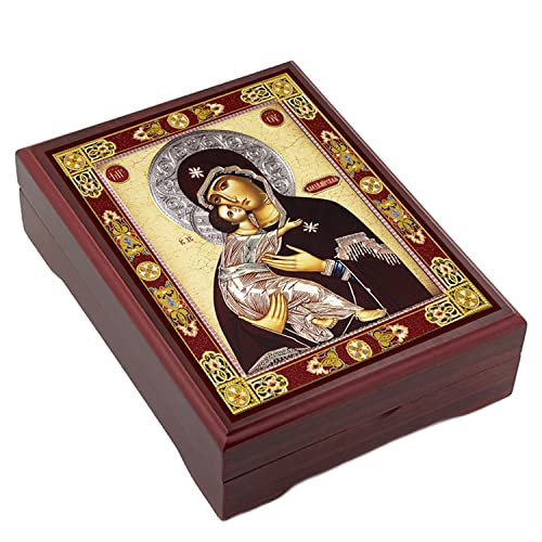 Needzo Rosary Box Madonna Icon Box Virgin Mary Of Vladimir Box for Prayer Beads Jewelry Madonna and Christ Wooden Keepsake Holder 5 Inch, Religious Gift