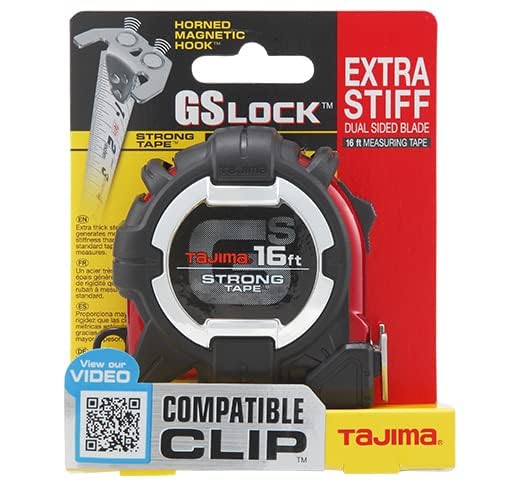 TAJIMA Tape Measure - 16ft x 1in GS-Lock Measuring Tape with Horned Magnetic Hook & Compatible Clip - GS-MC16BW 4.9 m