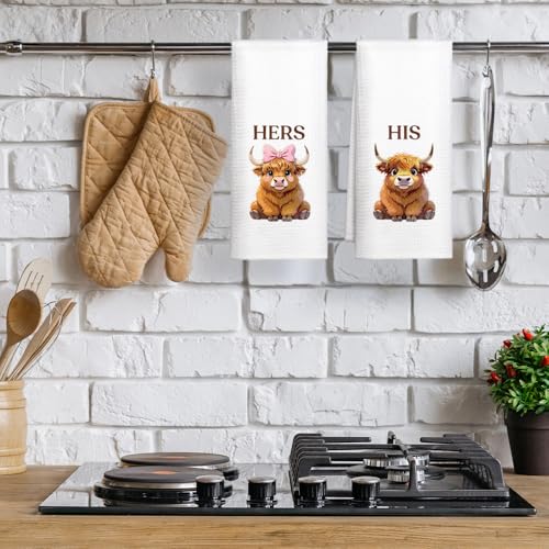 WUUCK00 2pcs Highland Cow Funny Kitchen Towel, Cute Cow Dish Tea Hand Kitchen Towel for Animal Lover Wife Husband, Christmas Housewarming Gifts for Neighbor, Country Farmhouse Home Decor for Family White5
