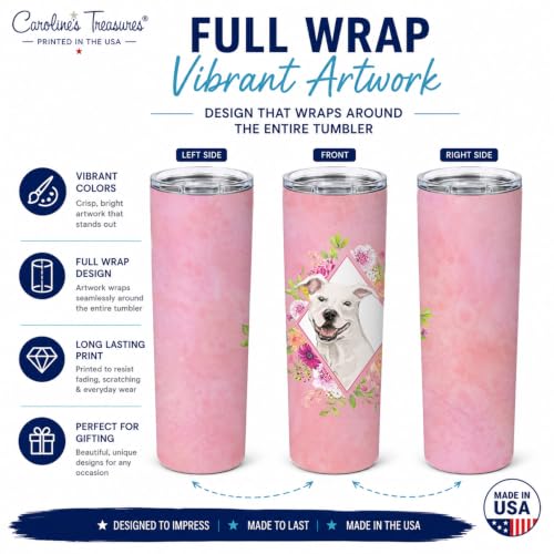 Caroline's Treasures CK4268TBL20 White Pit Bull Terrier Pink Flowers Stainless Steel 20 oz Skinny Tumbler Vacuum Double Walled Reusable Insulated Tumbler Travel Cup for Coffee Cocktails Gift with Lid,
