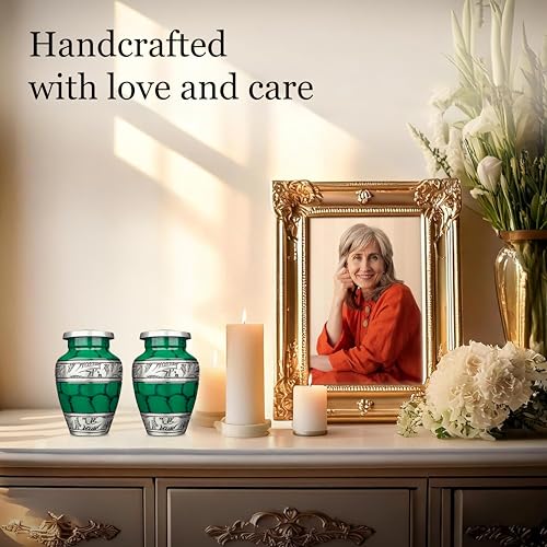 Small Keepsake Cremation Urn for Human Ashes Men Women with Velvet Heart Case, Bag & Funnel – Green Mini Family Sharing Funeral Tiny Urn Male Female or Pet - Memorial Decorative Urn for Mom Dad