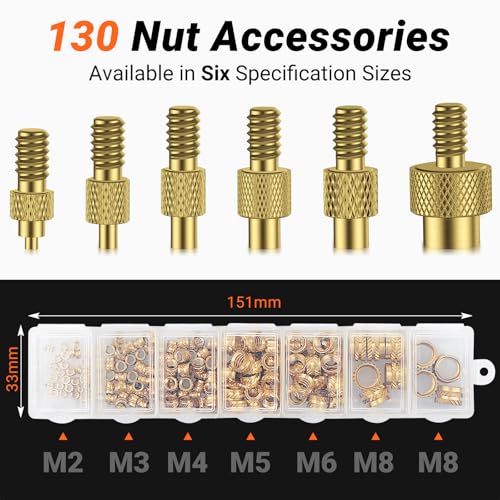 Preciva Threaded Inserts Soldering Tips Set, 6-Piece Soldering Tips for Thread Insert + 130-Piece Thread Inserts M2/M3/M4/M5/M6/M8