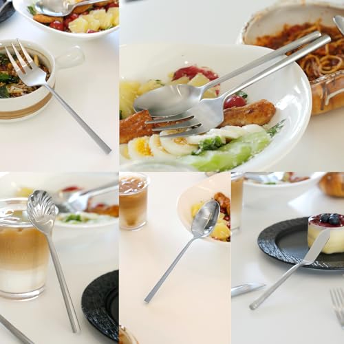 DEACORY 5-piece stainless steel silverware set with matte finish, includes heavy hexagon cutlery and serving utensils for dining.