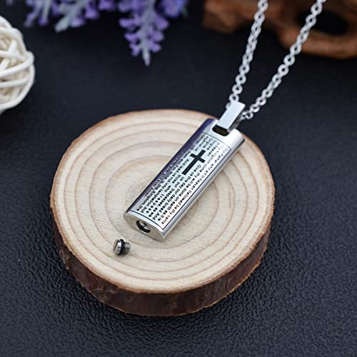 Our Father Lord's Prayer and Cross Urn Pendant Necklace Cremation Urn Necklace Cremation Jewelry Stainless Steel Rectangle Cremation Pendant Memorial Ashes Keepsake Urn Necklace Silver