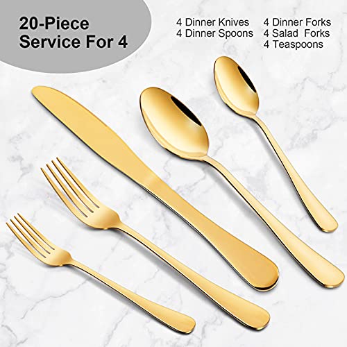 Gold Silverware Set 20 pcs, Knife Spoon Fork Silverware, Durable Stainless Steel Flatware Set, Kitchen Eating Utensils Set for Home Party and Restaurant, Dishwasher Safe Gold /