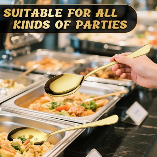 Set of six gold 10-inch serving spoons, including three large and three slotted, for serving food in style.