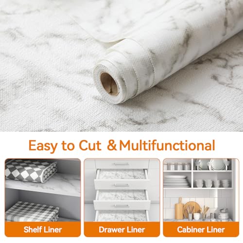 Drawer and Shelf Liner for Kitchen Cabinets, Non-Adhesive Strong Grip Cabinet Liners for Dressers, Durable Waterproof Anti Slip Cupboard Liner, White Marble, 17 in x 20 Feet 17.3"W x 236.2"L