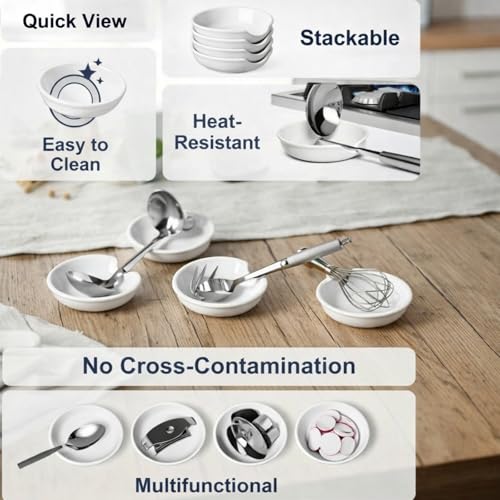 Set of 8 white Irenare ceramic spoon rests for stove top, 3.74 inches, with a simple, functional design for kitchen use