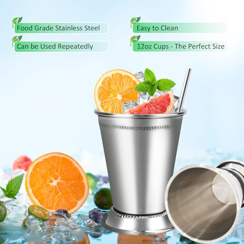 Mint Julep Cups，Silver Cups，Stainless Steel Glasses Set,Each one holds 12 ounces,Julep cup is a commonly used drinking vessel for summer parties,family gatherings,restaurants,bars，KentuckyDerby 4 Pcs