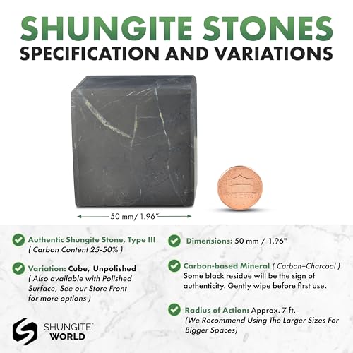 Shungite World Authentic Shungite Cube Unpolished 50 mm / 1.96" Chakra Energy Natural Healing Crystal Real Black Cube Home Office Protection Desk Decor Meditation Reiki Grounding Stone 50 mm / 1.96"