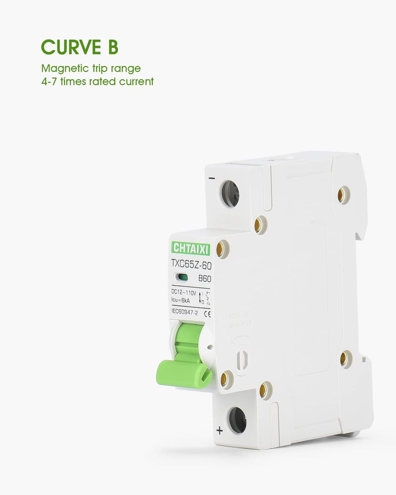 [Australia - AusPower] - 12V-110V DC Miniature Circuit Breaker, 60 Amp 1 Pole Battery Breaker Protector for Solar PV System and RV, Thermal Magnetic Trip, DIN-Rail/Surface Mount, Chtaixi DC Disconnect Switch B60 60 A 
