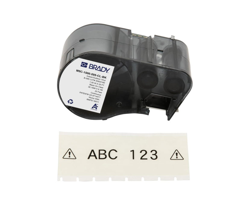 Brady Authentic (M5C-1500-595-CL-BK) All-Weather Permanent Adhesive Vinyl Labels 1.5 in W x 20ft Black on Clear. for use with BMP51, M510, and M511 Label Printers. 38,10 mm (W) x 6,10 m (L)