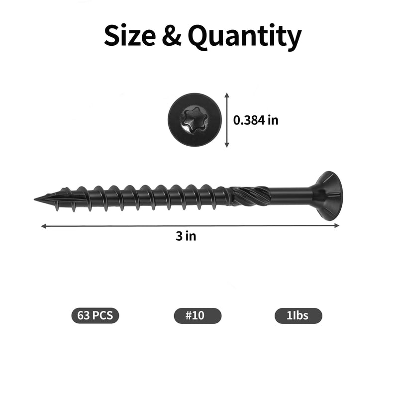 [Australia - AusPower] - Deck Screws 3 inch,Heavy Duty Exterior Wood Screws,Torx Drive Head Deck Screw Black Rust Resistant Epoxy Coated,Long Outdoor Decking Screws with Star Bit,for Fence,Timber(60pcs) 3" 