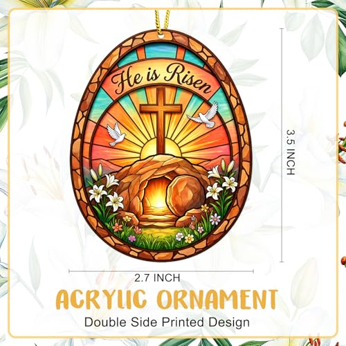 WaaHome Easter Egg Ornament for Tree Decorations - He is Risen Cross Easter Decor - Religious Gifts for Women Men Kids, Catholic Gifts, Stained Glass Egg Ornament and Easter Basket Stuffers