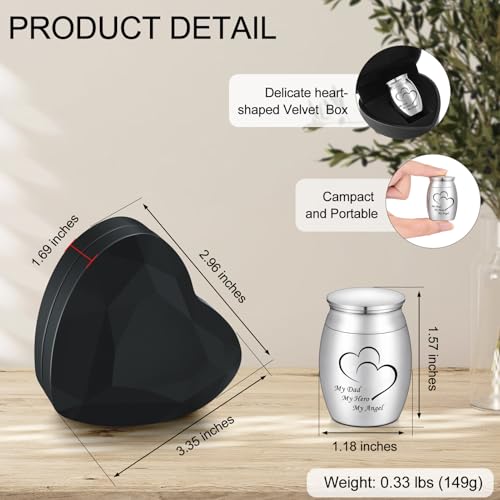 Dletay 1.57 Inches Small Cremation Keepsake Urns for Human Ashes with Heart Box Mini Cremation Urn Small Funeral Urns for Ashes Stainless Steel Funeral Urn-My Dad My Hero My Angel My Daddy-Heart Box