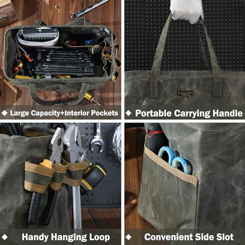 Kaaltisy army green 16oz waxed canvas tool tote bag with 8 pockets and metal support rods
