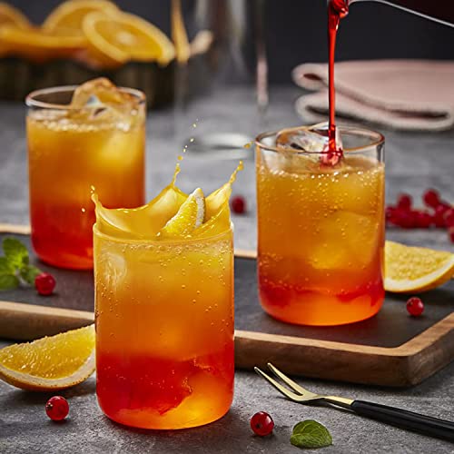 Set of six Borosil Radius glass tumblers, 295ml each, designed for mixed drinks, clear glass with a modern rounded shape.