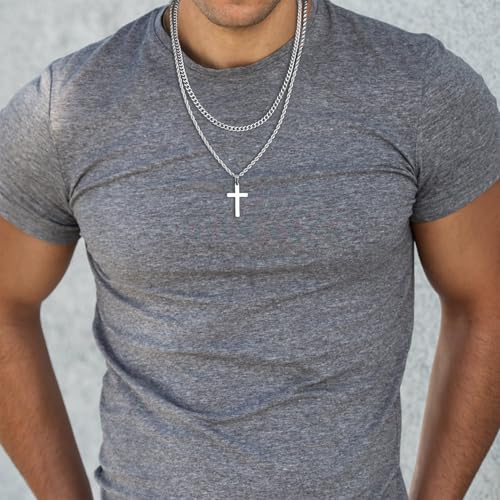 Silver Cross Necklace Men Jewelry with Sleek Pendant,Crucifix Necklace for Men in Elegant Style,Mens Cross Silver Chain Necklaces for Daily Wear,Religious Gift or Fashion Accessory