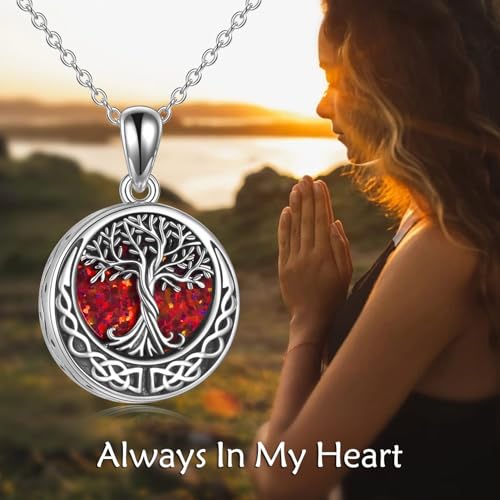 ONEFINITY Tree Of Life Urn Necklaces For Ashes Sterling Silver Opal Tree Of Life Cremation Jewelry For Ashes Memory Jewellery For Women Men Red Opal Tree