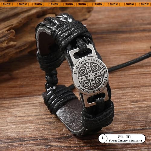Men's Leather Bracelet with Saint Benedict Protection Symbol, Black Vintage Handmade Braided Leather Bracelets, Adjustable Religious Wristband Accessory